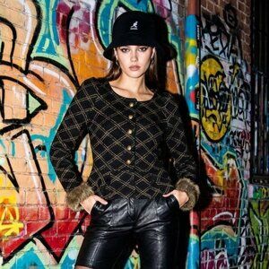 Vintage Betsey Johnson Black & Gold Fur-Cuffed Peplum Cardigan Sweater β Size M